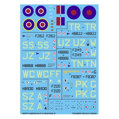 Techmod 1:32 Kalkomanie do North American P-51 Mustang III 