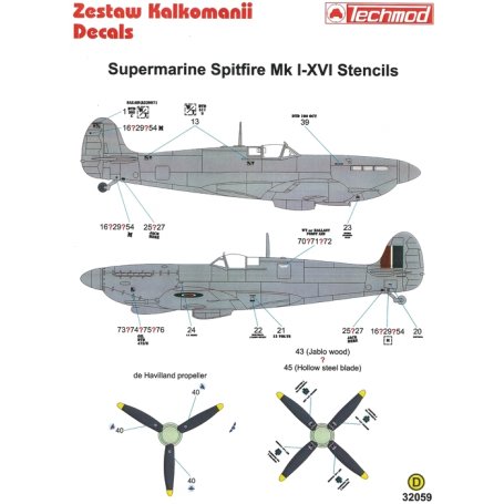 Techmod 1:32 Kalkomanie do Supermarine Spitfire STENCILS