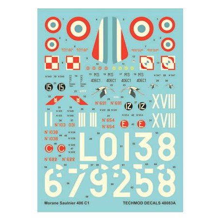 Techmod 1:48 Kalkomanie do Morane Saulnier MS.406 C-1