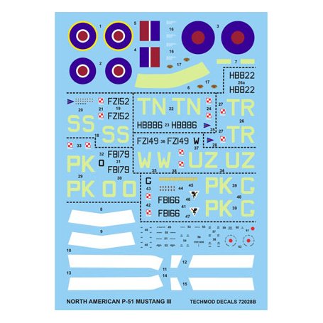 Techmod 1:72 Kalkomanie do North American Mustang Mk.III