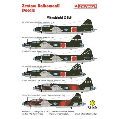 Techmod 1:72 Kalkomanie do Mitsubishi G4M1 Betty