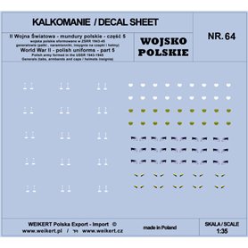 Weikert 1:35 Kalkomanie Mundury polskie - patki, naramienniki, insygnia na czapki i hełmy - cześć 5 - vol.64