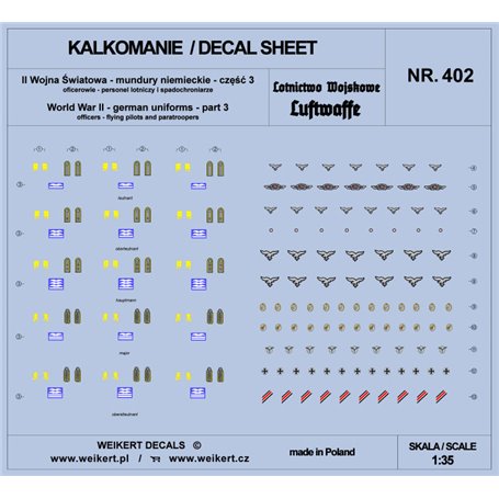 Weikert 1:35 Kalkomanie Mundury niemieckie - część 3 - luftwaffe - personel lotniczy i spadochroniarze