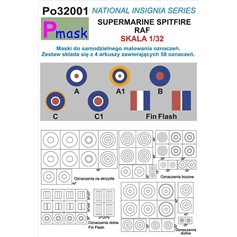 Pmask 1:32 NATIONAL INSIGNIA SERIES - maski do malowania oznaczeń do Supermarine Spitfire RAF