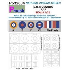 Pmask 1:32 NATIONAL INSIGNIA SERIES - maski do malowania oznaczeń do de Havilland Mosquito RAF