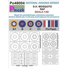 Pmask 1:48 NATIONAL INSIGNIA SERIES - maski do malowania oznaczeń do de Havilland Mosquito RAF