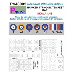 Pmask 1:48 NATIONAL INSIGNIA SERIES - maski do malowania oznaczeń do Hawker Typhoon / Hawker Tempest - RAF