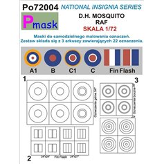 Pmask 1:72 NATIONAL INSIGNIA SERIES - masks for painting markings for de Havilland Mosquito RAF