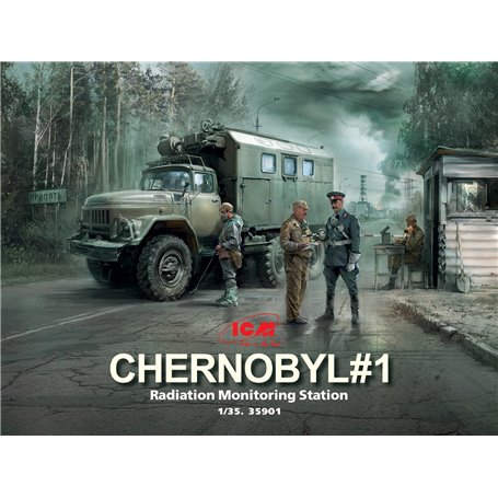 ICM 35901 Chernobyl #1 Radiation monitoring station (ZiL-131KShM truck & 5 figures & diorama base with background) 1/35