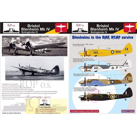 ROP o.s. MNFDL72003 1:72 Bristol Blenheim Mk IV - Blenheims in the RAF, RCAF servive