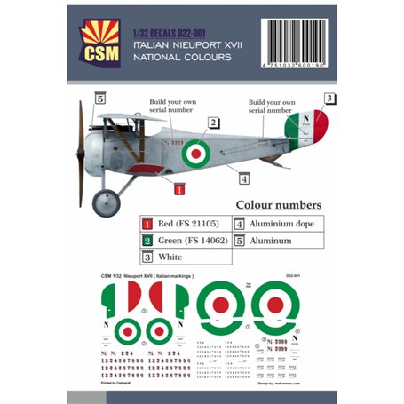 Copper State Models 1:32 Kalkomanie do Nieuport XVII - ITALIAN NATIONAL COLOURS