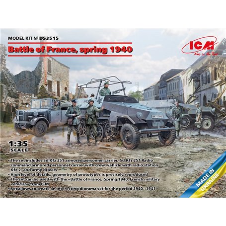 ICMDS3515 Battle of France, spring 1940. German combat vehicles (Sd.Kfz.251/1 Ausf.A, Sd.Kfz.251/6 Ausf.A, le.gl.Einheitz-Pkw Kf