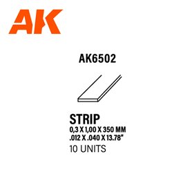 AK Interactive 6502 STYRENE STRIPS 0.30mm x 1.00mm x 350mm - 10szt.