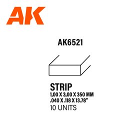 AK Interactive 6521 STYRENE STRIPS 1.00mm x 3.00mm x 350mm - 10szt.
