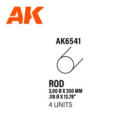 AK Interactive 6541 STYRENE ROD 3.00mm x 350mm - 4szt.