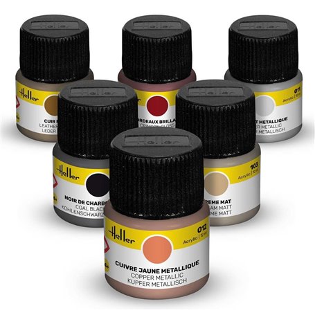 Heller 9404 Colour Set Oldtimer Acrylic 6 X 12 ml + Brush, 011, 012, 020, 062, 085, 103