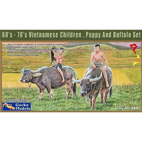 Gecko Models 35GM0109 60'-70's Vietnamese Children, Puppy and Buffalo Set