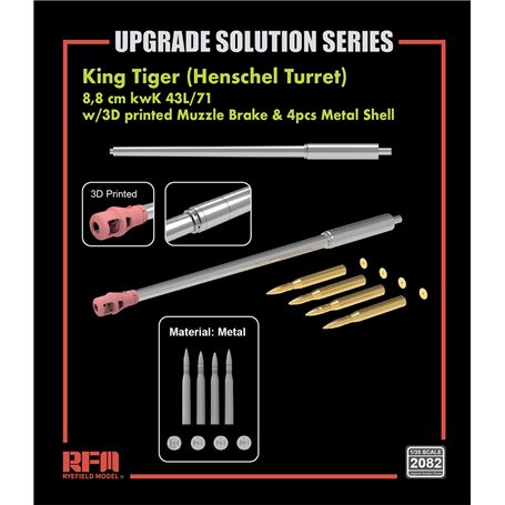 RFM 2082 King Tiger 8,8 cm kwK 43L/71 Metal Barrel w/ 3D Printed Muzzle Brake & 4 pcs Metal Shell