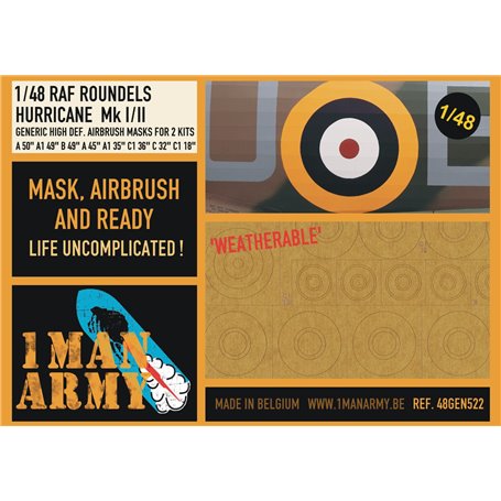 1 Man Army 1:48 Maski RAF ROUNDELS do Hawker Hurricane Mk.I/II