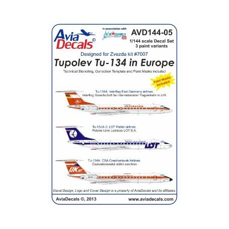 Avia Decals 1:144 Decals for Tupolev Tu-134 w Europie 
